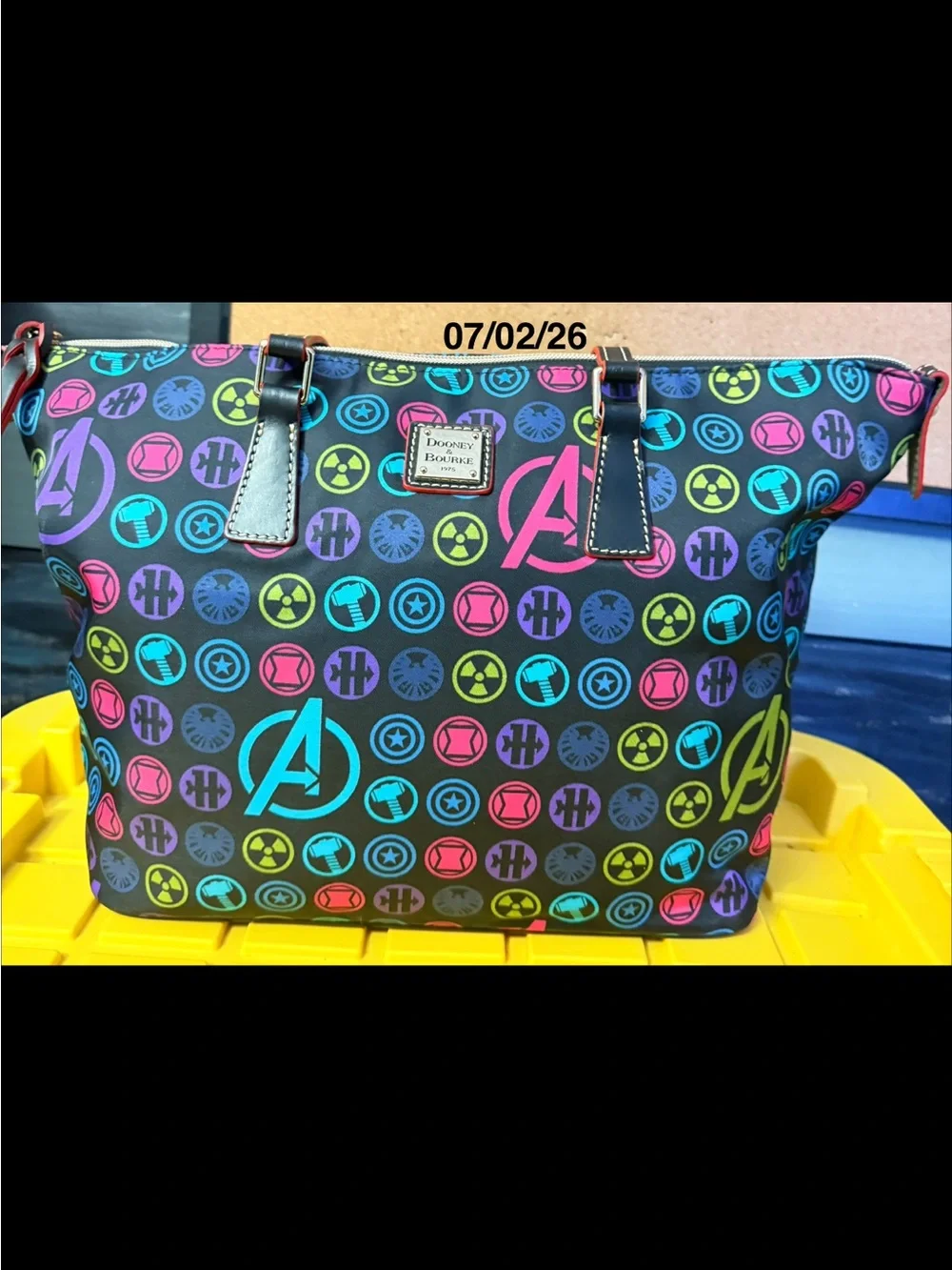 Dooney & Bourke Black Tote with Neon Multicolor Avengers Icons